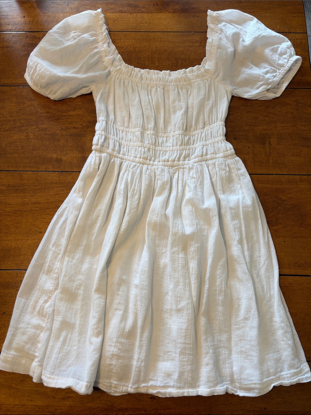 White Puff-Sleeve Smocked Waist Dress